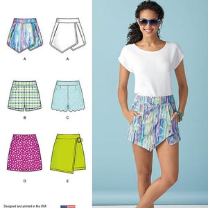 May include: Simplicity pattern 1370 features various skirt and shorts designs. The image shows a woman wearing a pair of colorful shorts. The pattern includes options for different styles, including a wrap skirt and shorts with pockets.