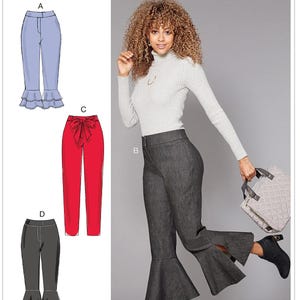 May include: A sewing pattern for pants with a high waist and a flared hem. The pattern includes four different styles: a pair of light blue pants with a ruffled hem, a pair of red pants with a bow at the waist, a pair of dark gray pants with a slit at the hem, and a pair of black pants with a double ruffle at the hem. The pattern is called McCall's M7690.