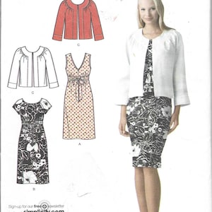 May include: Simplicity easy chic sewing pattern featuring a woman wearing a floral print dress and white jacket. The pattern includes diagrams for a dress and two jacket styles. The pattern size is K5, sizes 8, 10, 12, 14, and 16.