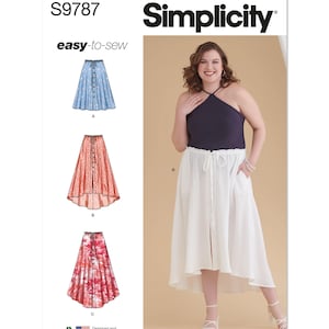 May include: Simplicity sewing pattern S9787, with three skirt designs: a blue dotted skirt, a red dotted skirt, and a floral print skirt. The pattern includes the text "easy-to-sew". A woman models a white skirt with a button-up front.