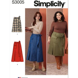 May include: Simplicity sewing pattern S3005 showcases wrap skirts in different designs. The image displays a plaid skirt, a red skirt, a blue denim skirt, and an olive green skirt. The pattern includes illustrations and the text "Designed and printed in USA."