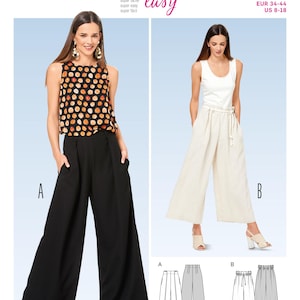 Puede incluir: Un patrón de costura para pantalones, con dos modelos que lucen diferentes estilos. Una modelo lleva pantalones negros de pernera ancha con un top estampado, y la otra pantalones color crema de pernera ancha con una camiseta sin mangas blanca. Patrón número 6544.
