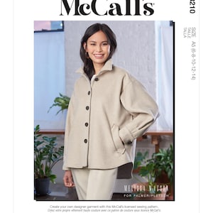 May include: A McCall's sewing pattern for a designer garment. The pattern features a woman wearing a beige jacket with black buttons and pockets. The pattern size is A5 (6-8-10-12-14).