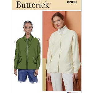 Puede incluir: Patrón de costura Butterick B7008 con dos diseños de chaqueta. La vista B es una chaqueta verde oliva con cuello y cremallera frontal. La vista A es una chaqueta estilo bomber color crema con cuello acanalado, cremallera y bolsillos.