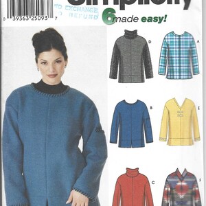 May include: Simplicity sewing pattern 9814 featuring various top designs. The image shows a woman wearing a blue top. The pattern includes options for a turtleneck, a plaid top, a blue top, a yellow top, and a red top. The text "Simplicity" is visible.