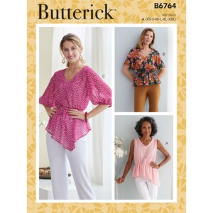 Peut inclure: Le patron Butterick B6764 présente trois hauts pour femmes. L'un est un chemisier rose à pois avec une ceinture, un autre est un haut à imprimé floral et le troisième est un haut rose sans manches. Tailles disponibles : XS-XXL.