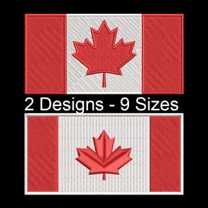 May include: Two embroidered Canadian flags. Each flag features a red maple leaf on a white background, flanked by red vertical bars. The text "2 Designs - 9 Sizes" is displayed below the top flag.