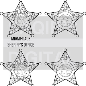 May include: Four black and white Miami-Dade Sheriff's Office badges. Each badge is a five-pointed star with a detailed floral design around the edges. The center of each badge features a circular emblem with text and a Florida landscape.
