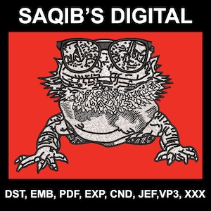 May include: An embroidered design featuring a bearded dragon wearing sunglasses, set against a red background. The text "SAQIB'S DIGITAL" is at the top, with file format abbreviations at the bottom. The design is in black and white.