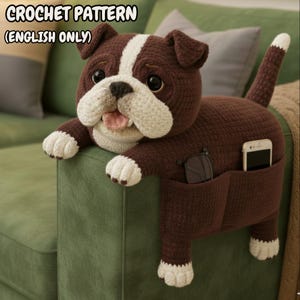 Crochet Dog Sofa Armrest Organizer Crochet Pattern | Baxter the Bulldog Couch Caddy | PDF File