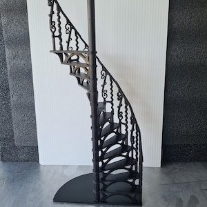 Könnte beinhalten: Eine schwarze Wendeltreppe mit verzierten, geschwungenen Geländern und Stufen. Die Treppe hat eine zentrale Stützsäule und eine halbkreisförmige Basis. Das Design weist dekorative Schnörkel und einen klassischen architektonischen Stil auf. Die Treppe ist aus Metall.