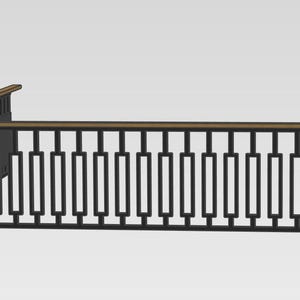 May include: An L-shaped railing featuring a horizontal wooden handrail atop a series of vertical black metal balusters. The balusters are arranged in a repeating rectangular pattern, creating a structured and uniform barrier design for a staircase.