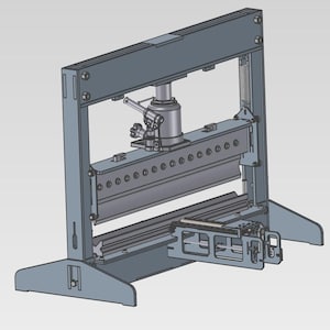 May include: A gray metal hydraulic press with a rectangular frame, a central hydraulic cylinder, and a lower support structure. The press has multiple bolts and a spring mechanism. The design is rendered in a 3D style.
