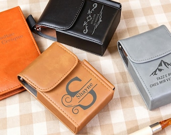 Personalized Leather Cigarette Case, Custom Engraved Cigarette Holder with Lighter Pocket, Groomsman Gift, Dad Birthday Present