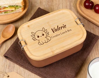 名入れ可能なアホロートル柄ランチボックス、カスタム竹製メタル弁当箱、かわいい子供用スナック容器、女の子への新学期ギフト
