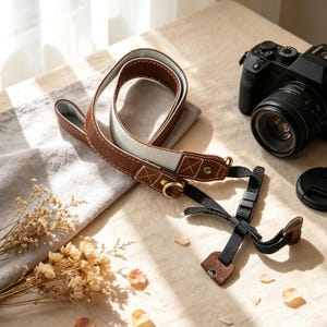 Könnte beinhalten: Ein brauner und weißer Kameragurt aus Leder mit weißen Nähten und goldfarbenen Metallbeschlägen. Der Gurt liegt neben einer schwarzen Kamera und einem Objektivdeckel auf einer beigefarbenen Oberfläche. Getrocknete Blumen und Blütenblätter sind verstreut.