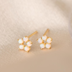 Könnte beinhalten: Ein Paar goldfarbene Ohrstecker, jeweils mit einem Blumenmuster. Die Blumen bestehen aus kleinen, runden, weißen Edelsteinen. Die Ohrringe sind vor einem weichen, neutralen Hintergrund platziert.