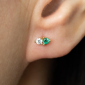 Personalized Birthstone Duo Stud Earrings - Tiny Two Stone Birth Month Studs - Dainty Minimalist  Stack - Birthday Gift for Her (E0096)