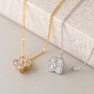 CZ Clover Necklace | Pave CZ Four Leaf Pendant | Lucky Charm Jewelry | Minimalist Flower Gift for Her | Mom Gift (N0022)