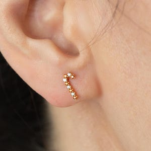 May include: A gold-coloured candy cane stud earring with small, clear gemstones. The earring is worn on an ear, showcasing its design and sparkle. The earring is a festive accessory.