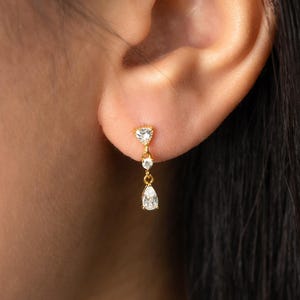 Triple CZ Drop Earrings | 3 Stone Dangle | Linear Diamond Simulant | Past Present Future | Bridal Wedding Jewelry | Gift for Her (E0161)