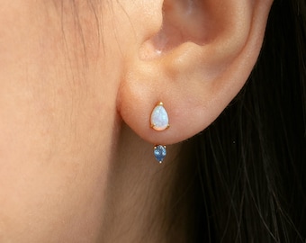 Pendientes de ópalo en forma de lágrima / Pendientes de botón delanteros y traseros / Delicados pendientes de oro / Regalo de piedra natal de octubre / Joyería nupcial minimalista (E0002)