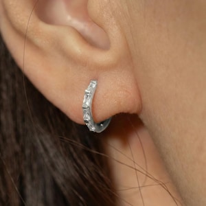 Baguette Huggie Hoops | Art Deco CZ Earrings | Vintage Style Jewelry | Rectangular Gemstone | Bridal Gift | Minimalist Gold Loop (E0076)