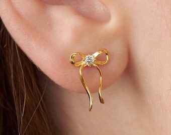 Pendientes de lazo de plata de ley, delicados pendientes de lazo, delicados pendientes de cinta, joyas de boda de plata, regalo para ella (EC3096)