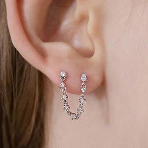 CZ Double Piercing Chain | Two Hole Earrings | Connected Studs | Sterling Silver | CZ Dangle Connector | Double Lobe | Minimalist (E0266)