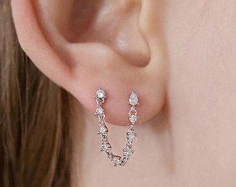 CZ Double Piercing Chain | Two Hole Earrings | Connected Studs | Sterling Silver | CZ Dangle Connector | Double Lobe | Minimalist (E0266)