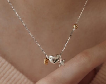 Dainty Heart and Star Charm Necklace,Silver Multi Charm Necklace,Dainty Mixed Metal Necklace,Silver Jewelry,Gift for Her (NZ2160)