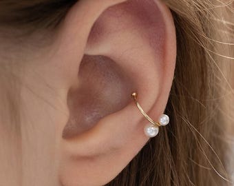 Dainty Dual Pearl Sterling Silver Ear Cuff · Minimalist Double Pearl Cartilage Hoop · No Piercing Earring · Gift for Her (EC3190)