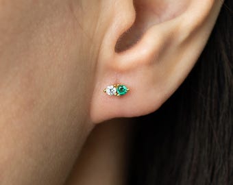 Duo Birthstone Studs | Two Stone Earrings | Personalized Couple Gift | Custom Mom Jewelry | Double Gemstone Post | Birthday Gift (E0096)