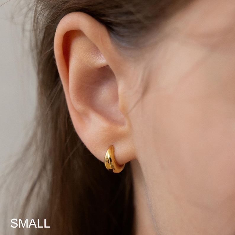 May include: A close-up of a person's ear with a small, gold hoop earring. The earring is a simple, rounded design. The word "SMALL" is printed in white at the bottom of the image.