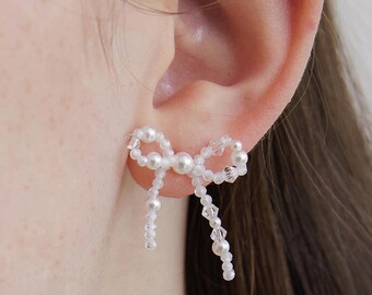 Pearl Beaded Bow Earrings, Bow Statement Earrings, Crystal Beaded Earrings, Handmade Summer Earrings, Gift For Her (EC3105)