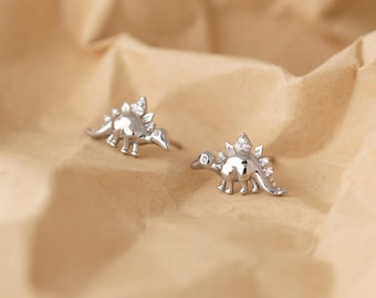 Dinosaur Stegosaurus Stud Earrings, Dainty Dinosaur Earrings in Sterling Silver, Cute Animal Jewelry, Dinosaur Lover Gift (E0200)
