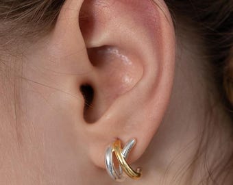 Gedurfde oorbellen van gemengd metaal, tweekleurige drievoudige open hoepeloorbellen, klauwoorbellen van gemengd metaal, geometrische sieraden, trendy cadeau voor haar (EC3126)