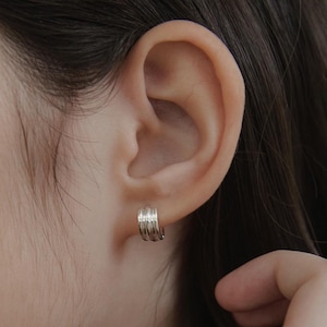 May include: A small silver hoop earring with a textured, ribbed surface. The earring features a series of parallel vertical grooves along its outer band, creating a distinct pattern. It is worn on the earlobe, showcasing a metallic finish.