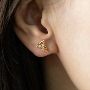Pizza Slice Stud Earrings with Multi CZ,Pave Pizza Earrings,Funny Earrings,Food Jewelry,Silver Jewelry,Gift for Food Lovers (E0083)