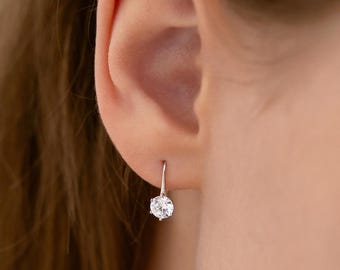 Round CZ Hook Earrings | Classic Drop Earrings | Solitaire Dangle in Sterling Silver | Bridal Wedding Gift | French Wire Minimalist (EC3261)