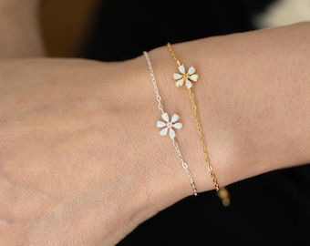 Elegant Opal Flower Bracelet,Dainty Flower Charm Bracelet,White Opal Bracelet,Minimalist Silver Jewelry,Perfect Bridesmaids Gift (B0004)