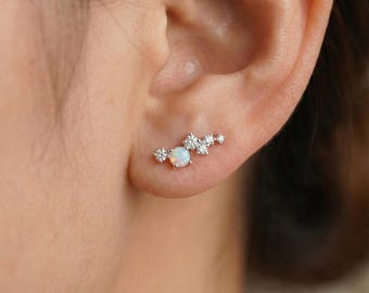 Opal & CZ Climber Earrings | Dainty Opal Studs | Minimalist Silver Jewelry | Bridesmaid Gift for Her (E0254)