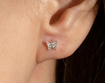 Pave Butterfly Stud Earrings Sterling Silver | Dainty Nature Jewelry Gift for Her (E0018)