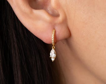 CZ Birthstone Dangle Huggie Earrings | Gold Drop Hoops | Personalized Gift for Her | Minimalist Jewelry | Custom Birthday Present (E0166)