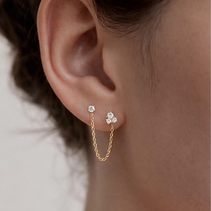 Pendientes de cadena doble, aros con diamantes, plata de ley, joyería minimalista, regalo de cumpleaños para ella (E0224)
