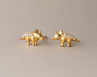 Triceratops Dinosaur Earrings in Silver, Dinosaur Stud Earrings, Cute Jewelry, Minimalist Animal Jewelry, Birthday Gift (E0201)