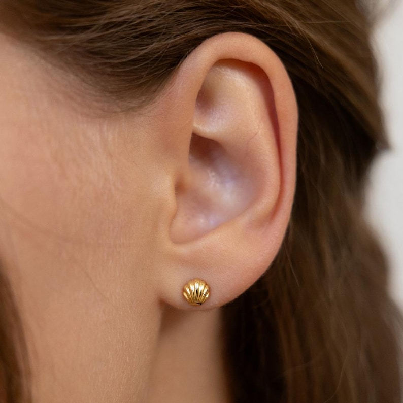 May include: A small gold stud earring shaped like a seashell with vertical ridges. The earring is positioned in the earlobe, featuring a polished metallic finish and a rounded, fan-like silhouette that mimics the natural texture of a scallop shell.
