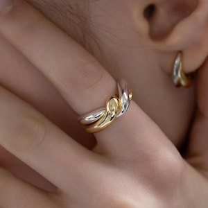 May include: A two-tone ring with a gold and silver design. The ring has a unique, intertwined shape, with a smooth, polished finish. A matching gold and silver hoop earring is visible in the background. Jewelry.