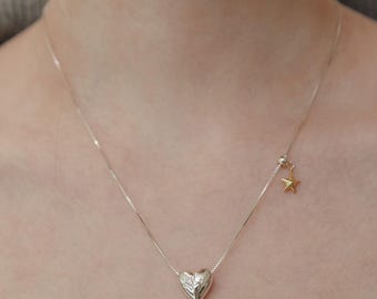 Chunky Heart & Star Necklace, Two Tone Heart Charm Necklace, Diamond Star Charm, Adjustable Necklace in Silver, Summer Jewelry Gift (NZ2162)