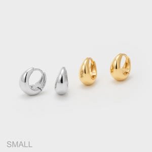 May include: Two pairs of small, teardrop-shaped hoop earrings. One pair is silver-colored, and the other is gold-colored. The earrings are displayed on a white background. The word "SMALL" is at the bottom of the image.